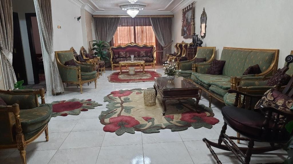 een woonkamer met een groene bank en stoelen bij العشرين فيصل الجيزة in Caïro