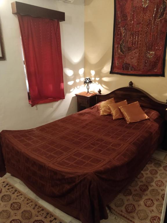 a bedroom with a large bed with a red curtain at Killa Bhawan Lodge in Jaisalmer