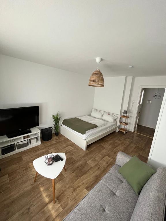 - un salon avec un canapé et une télévision dans l'établissement Gemütliche 1 Zimmer Wohnung in Bahnhofsnähe, à Hildesheim