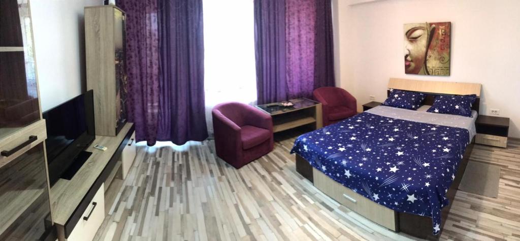 ママイアにあるBlack Sea Apartamentのベッドルーム(ベッド1台、テレビ、紫色のカーテン付)