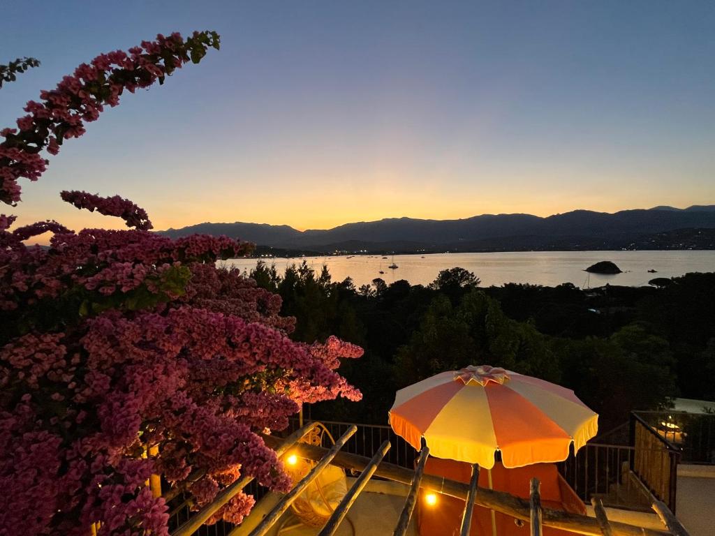 an umbrella on a balcony with a view of the water at Hotel Riva Beach in Porto-Vecchio