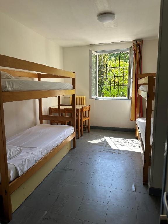 Pokój z 2 łóżkami piętrowymi i oknem w obiekcie Auberge de jeunesse HI Poitiers w mieście Poitiers