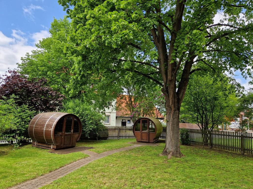 Ein Baum und ein Iglu in einem Garten neben einem Zaun in der Unterkunft Kötterhof in Bevern