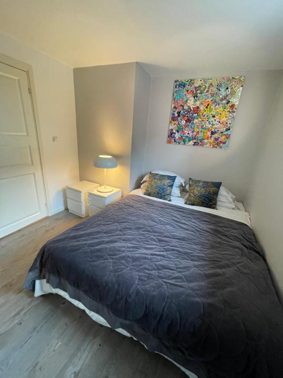 クリスティアンサンにあるSt. Hansgt. 7, Kristiansandのベッドルーム1室(ベッド1台付)が備わります。壁には絵画が飾られています。