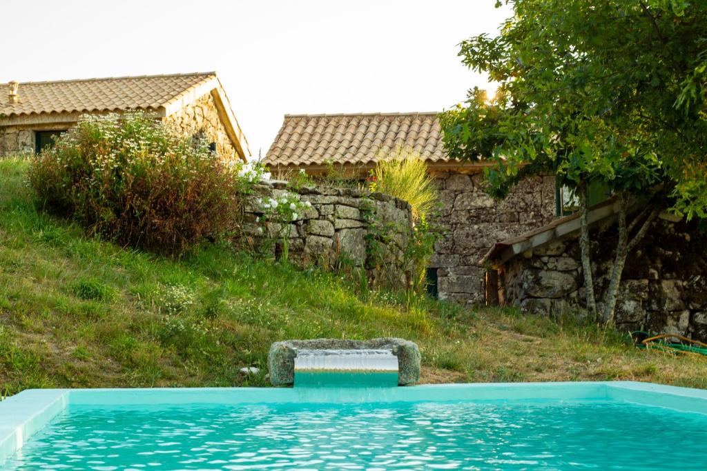 een zwembad in een tuin naast een stenen muur bij Horizontes Serranos in Tondela