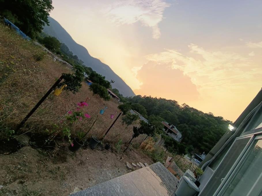 a view of a hill with flowers and a mountain at Doğa içinde ferah yaşam in Mugla