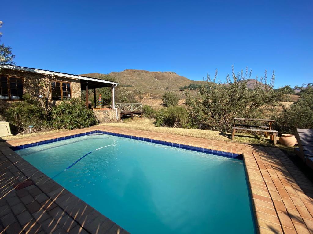 a large blue swimming pool in a yard at Sani Lodge and Backpackers Sani Pass South Africa in Sani Pass