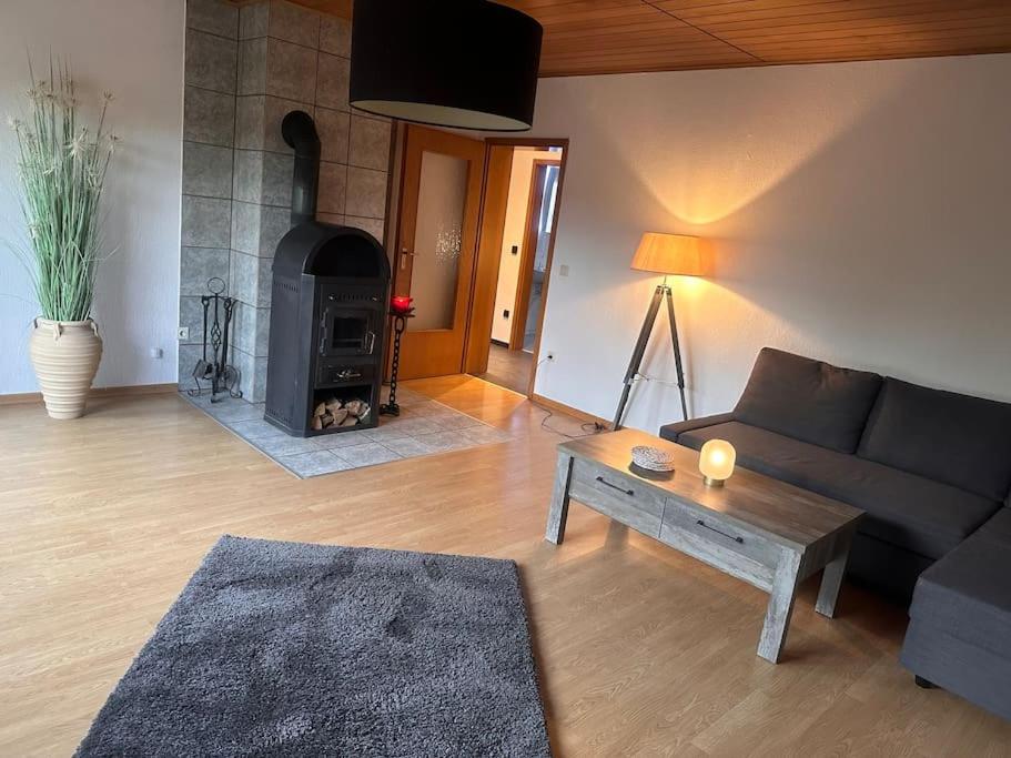 a living room with a couch and a fireplace at Ferienwohnung Elly 3 km zum Diemelradweg in Liebenau