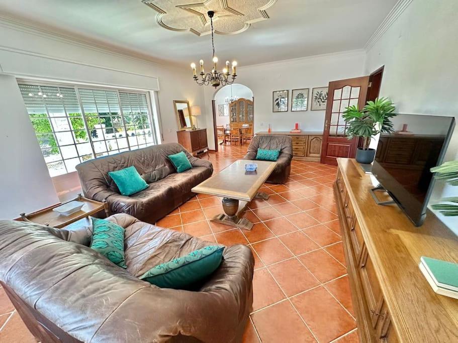sala de estar con sofás de cuero y TV en Ferraguda Garden House en Carregado