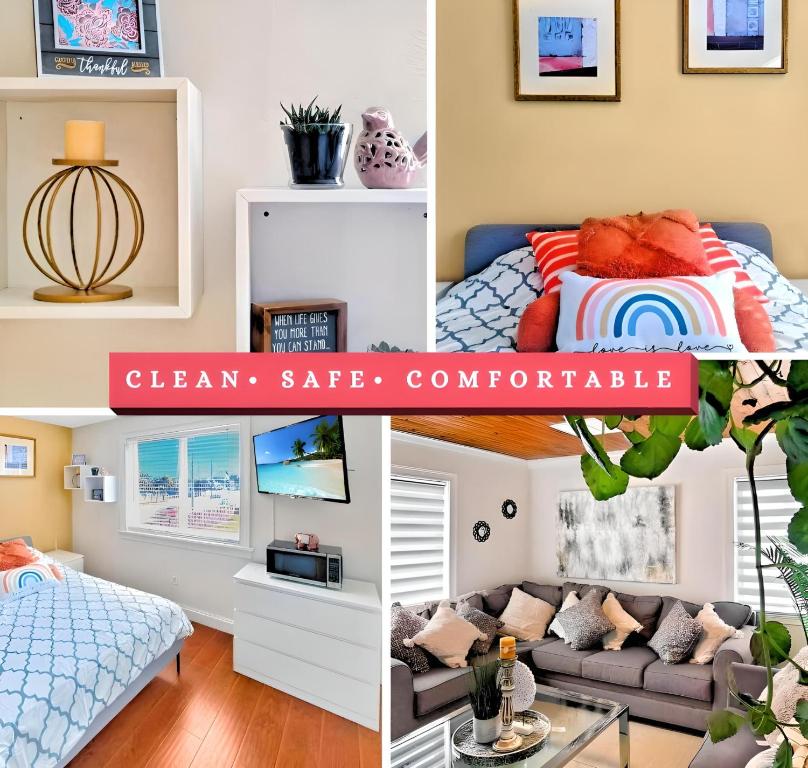 un collage di foto di una camera da letto e di un soggiorno di Chic Ocean Miami 88 a Miami