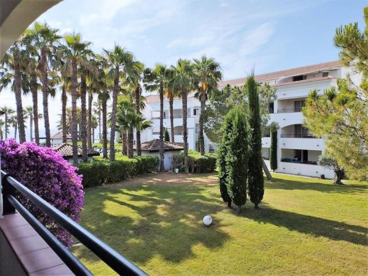 - une vue sur une cour avec des palmiers et un bâtiment dans l'établissement Casa Emma les pieds dans l'eau, à San-Nicolao