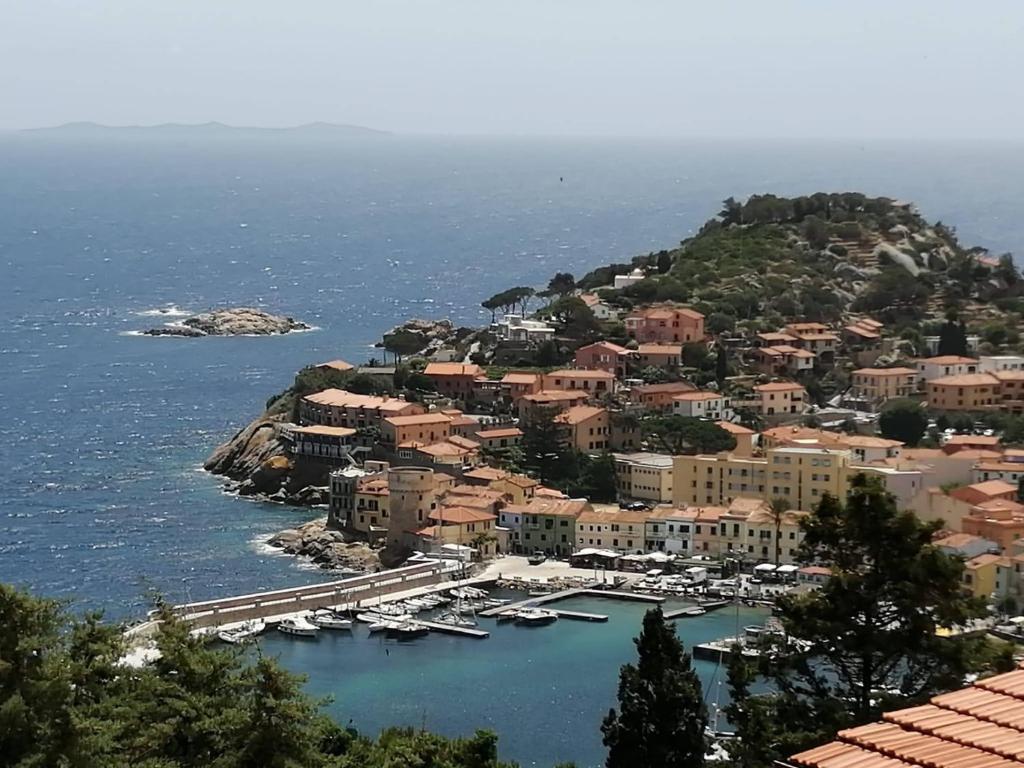una ciudad en una colina con barcos en el agua en Isola del Giglio casa Nico e casa Camilla Monticello Giglio Porto en Isola del Giglio