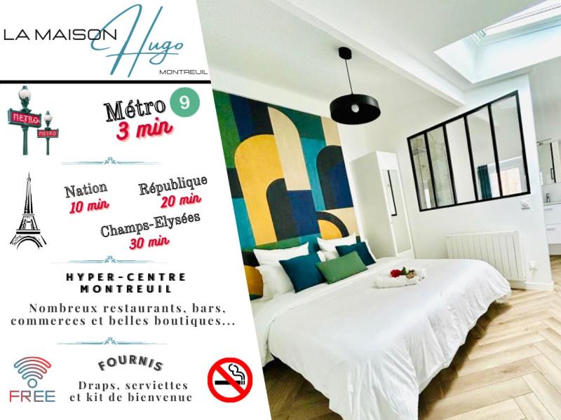 a poster of a bedroom with a bed in a room at La Maison Hugo in Montreuil