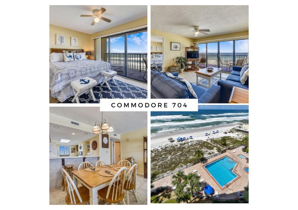 a collage of pictures of a bedroom and a living room at Commodore Resort #704 by Book That Condo in Panama City Beach