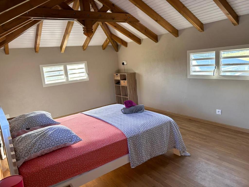 1 dormitorio con 1 cama y 2 ventanas en VILLA FLEUR DE LYS Piscine Barbecue Babyfoot Jeux société, en Saint-François