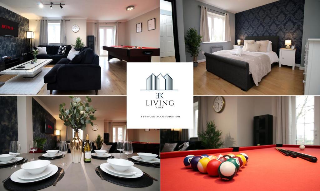 a collage of photos of a living room and a room at Spacious 3 Bedroom Duplex Apartment On Cardiff Bay - Free Parking & WIFI By EKLIVING LUXE Short Lets & Serviced Accommodation in Cardiff