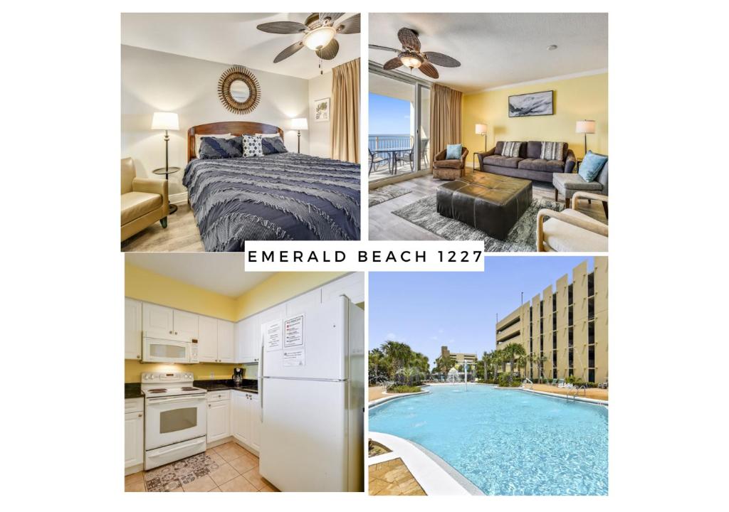 a collage of photos of a hotel room with a pool at Emerald Beach #1227 by Book That Condo in Panama City Beach