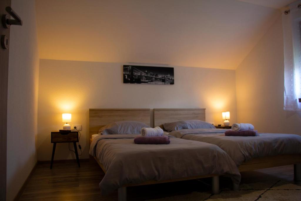 a bedroom with two beds and two lights on the wall at Timeless in Gospić