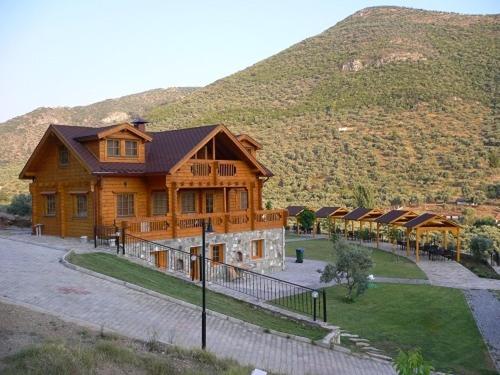 a large wooden house with a mountain in the background at Natureland Efes Pension in Selçuk