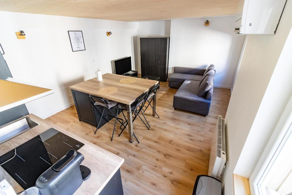 une cuisine et un salon avec une table et un canapé dans l'établissement Magnifique appartement duplex climatisé de 40m², à Nancy