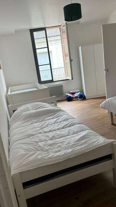 a white bed in a room with a window at Appartement cœur de ville in Châtillon-sur-Indre