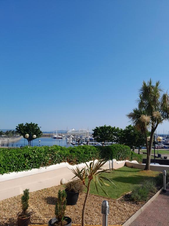 a view of a park with palm trees and a harbor at Astala Lodge in Bangor