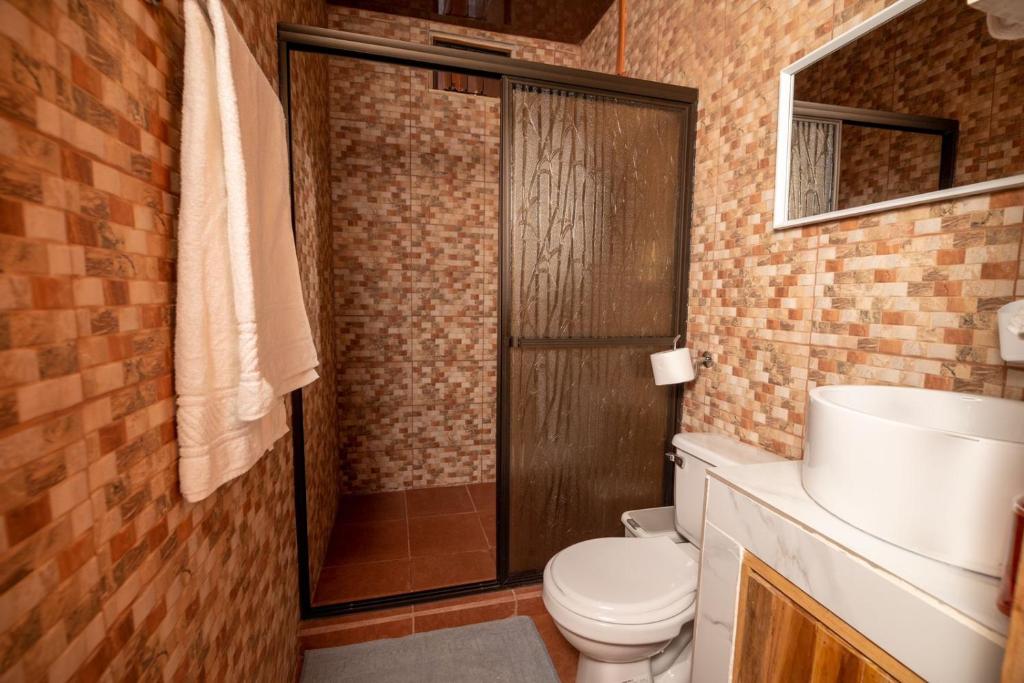 een badkamer met een douche, een toilet en een wastafel bij Cabañas Los Jobos in Villarreal