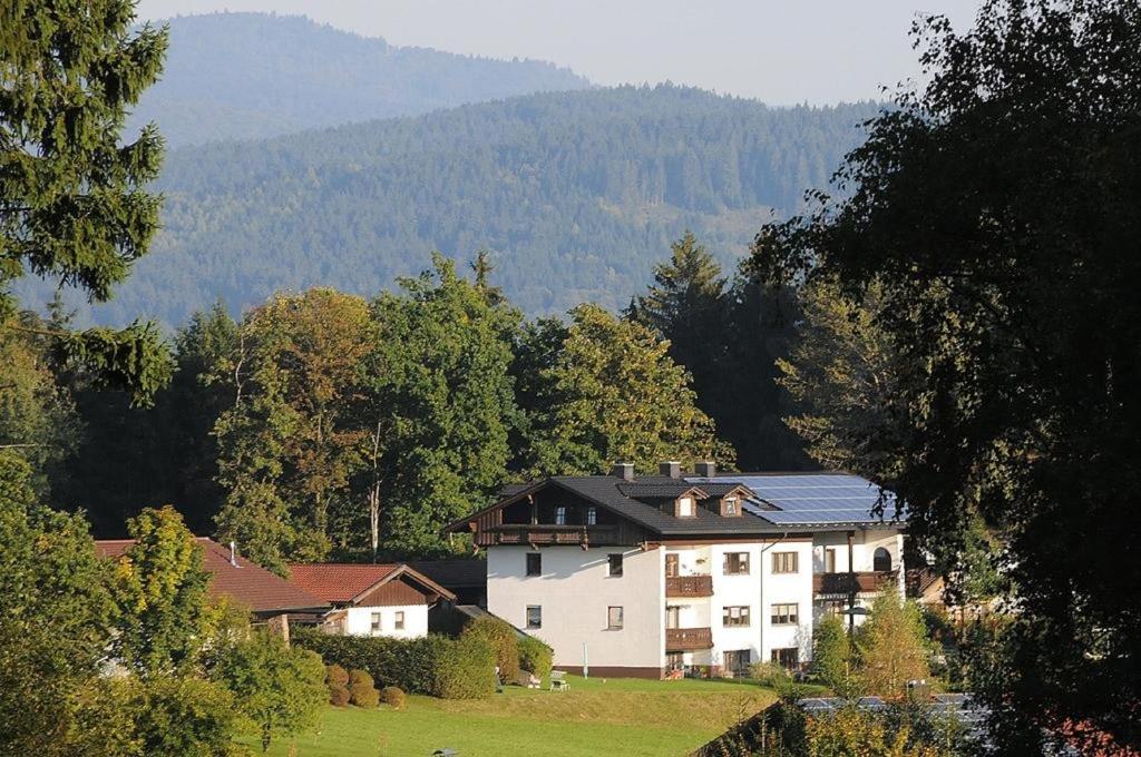 ein großes weißes Haus auf einem Hügel mit Bäumen in der Unterkunft Pension Waldeck in Langdorf