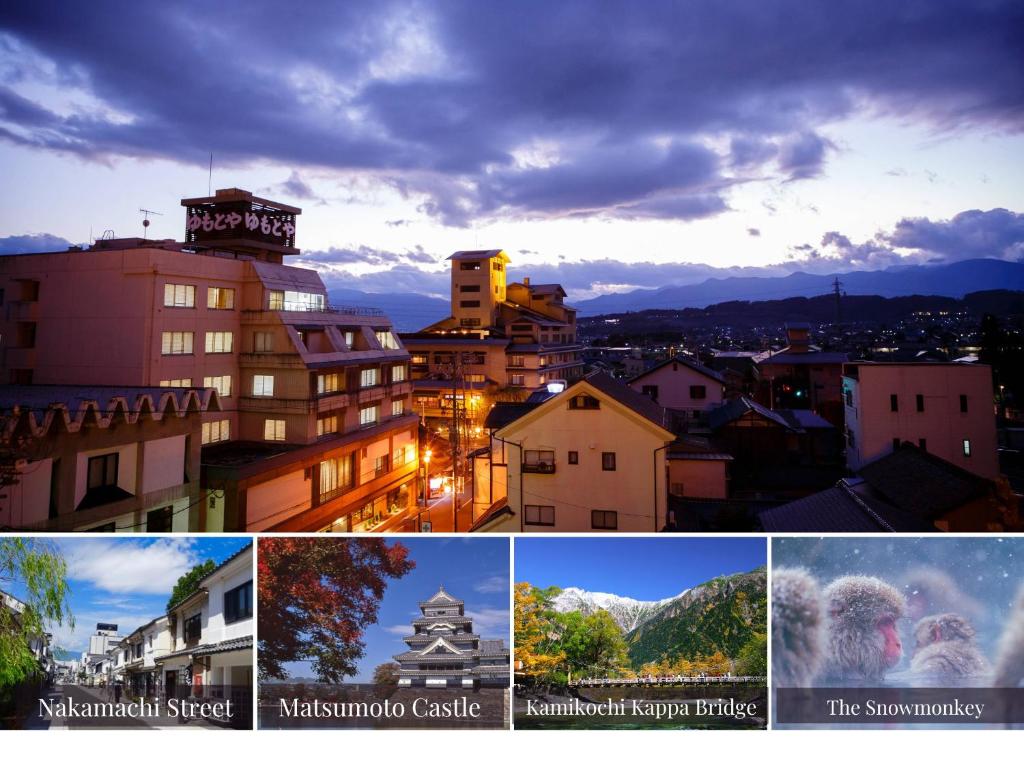 un collage de photos d'une ville avec des bâtiments dans l'établissement Yumotoya, à Matsumoto