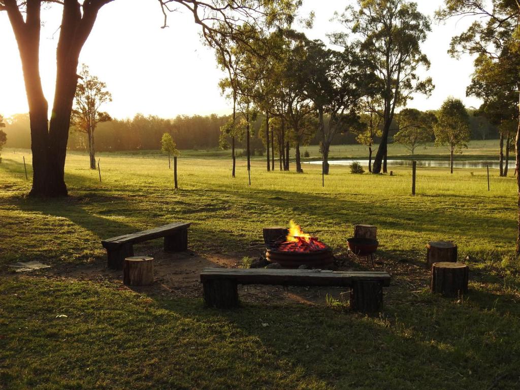 a fire pit in a park with benches and trees at Wallaby Cottage in Ellalong