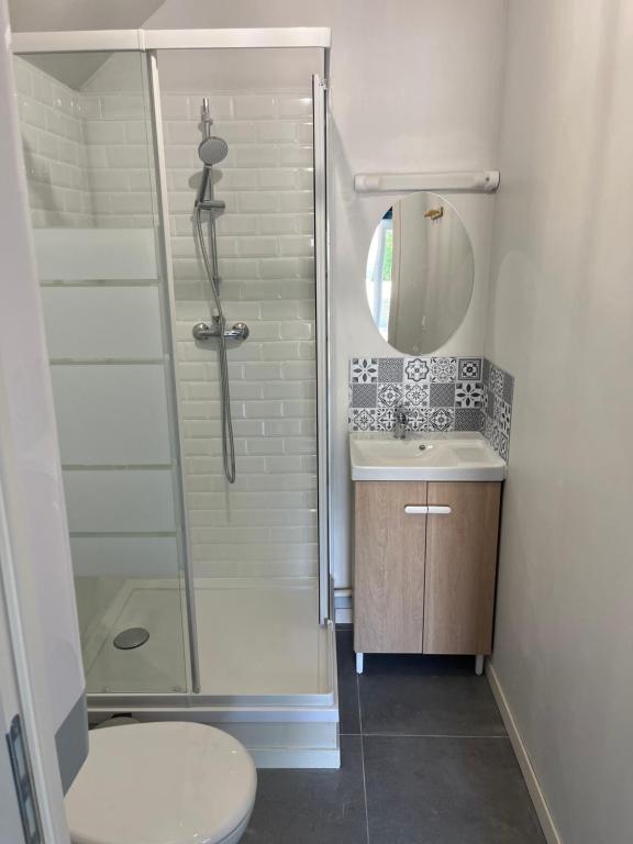 a bathroom with a shower and a sink and a toilet at Studio avec grand jardin + parking in Seraincourt