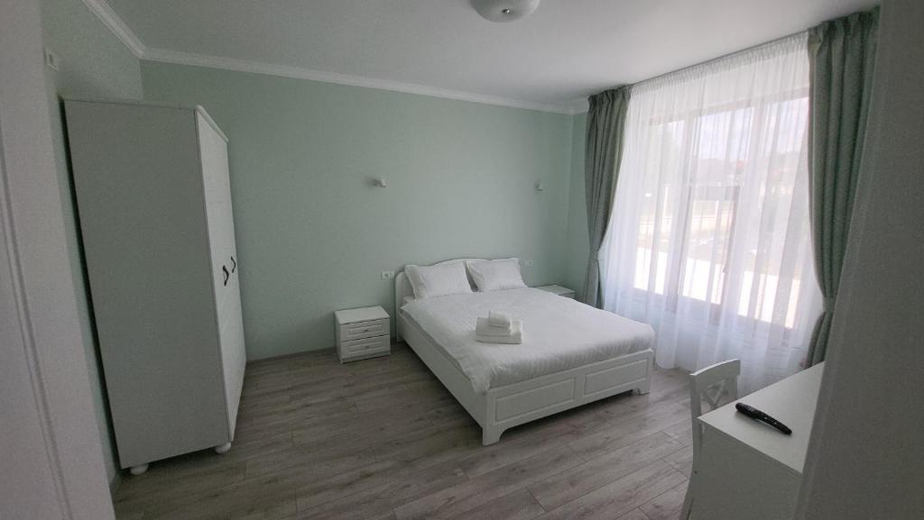 a bedroom with a white bed and a window at Colț de Rai in Hîrtoape