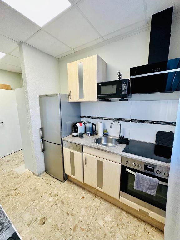 eine Küche mit einem Kühlschrank aus Edelstahl und einer Spüle in der Unterkunft Neuwertiges Apartment mit schnellem WLAN, Glasfaser, Kostenlose Privatparkplatz auch für Transporter geeignet R2 in Freiberg am Neckar