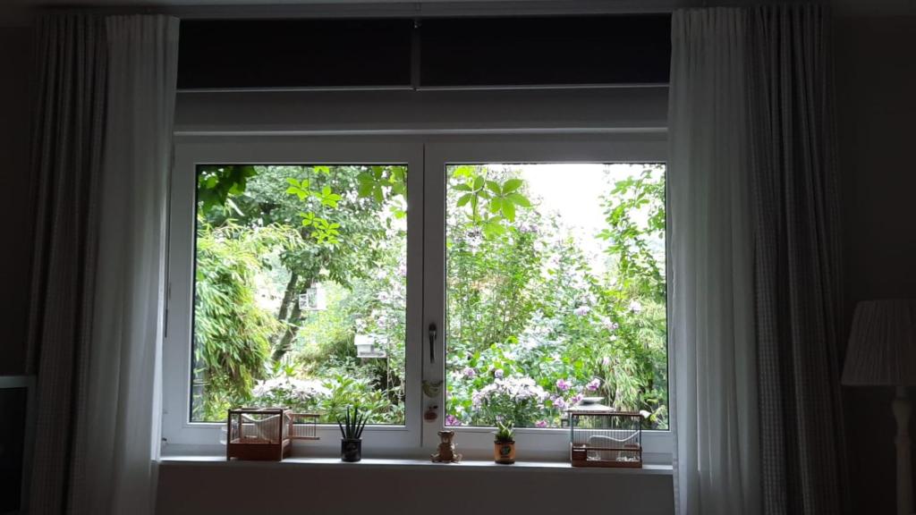 Cette chambre dispose d'une fenêtre avec des rideaux blancs et des fleurs. dans l'établissement Ferienwohnung Hering in Dill, à Dill