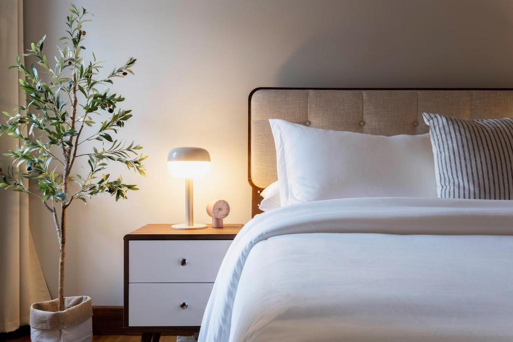 a bedroom with a bed with a lamp and a plant at Spacious Stay near Yale in Downtown New Haven in New Haven