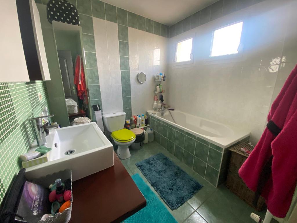 a bathroom with a sink and a tub and a toilet at Agréables chambres dans maison suspendue in Saint-Étienne