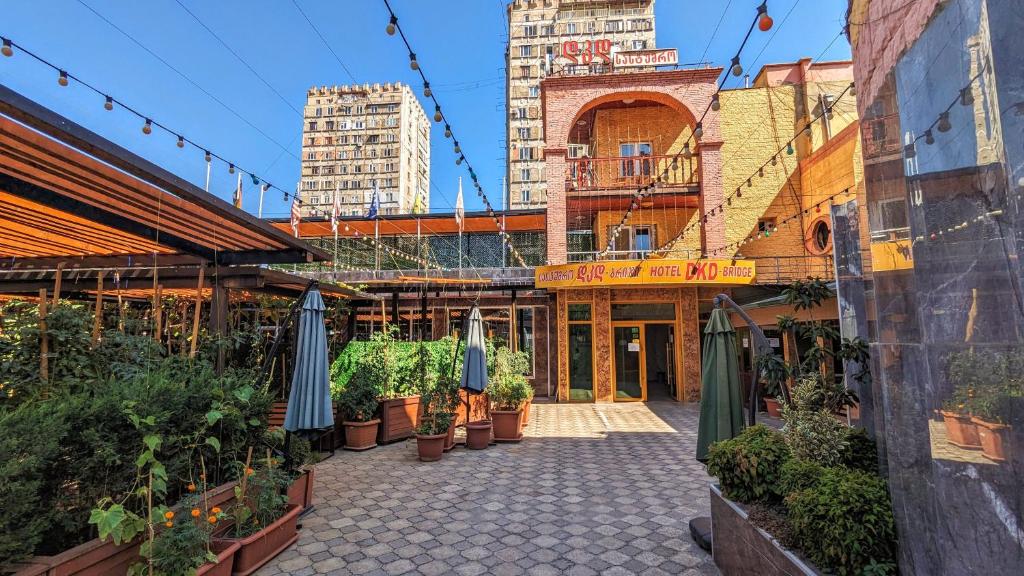 een binnenplaats met potplanten en parasols bij Dkd-bridge Hotel in Tbilisi City