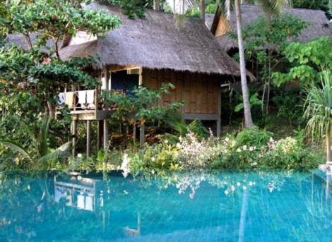 una casa con techo de paja junto a una piscina en The Narima - SHA Plus, en Ko Lanta
