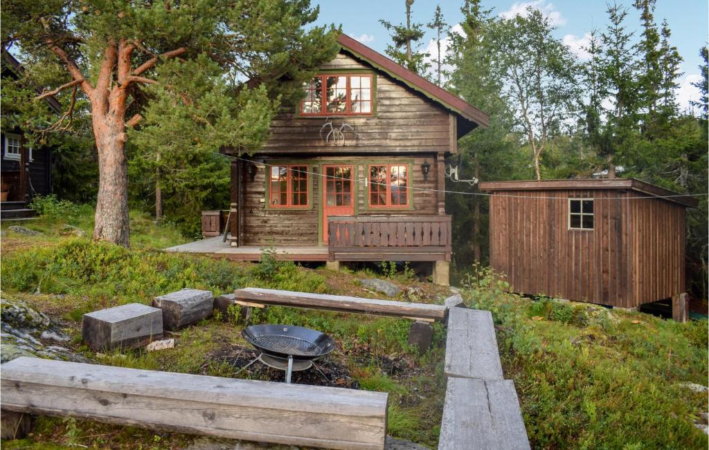 a log cabin with a grill in front of it at Stunning Home In Rjukan With House A Mountain View in Rjukan