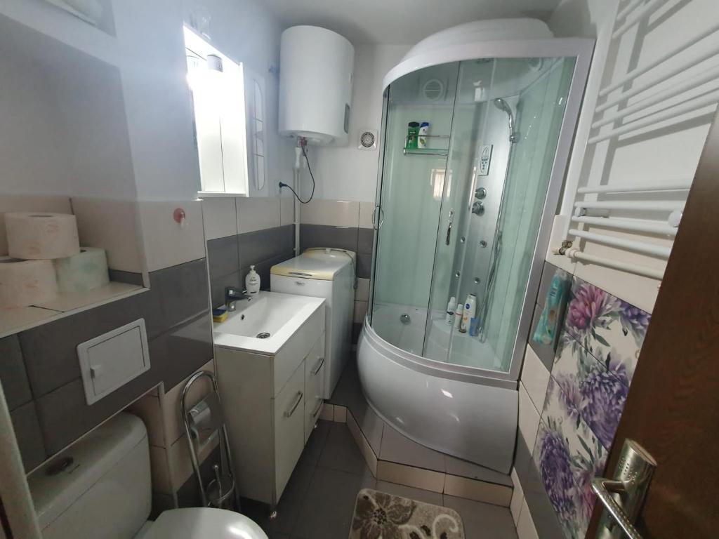 a bathroom with a shower and a toilet and a sink at Apartament Centru Vatra in Vatra Dornei