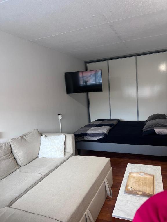 a living room with a couch and a bed at Family Studio-Barendrecht in Barendrecht