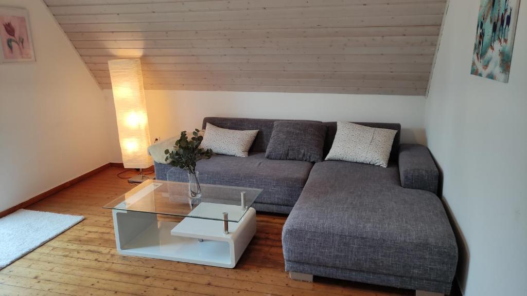 ein Wohnzimmer mit einem grauen Sofa und einem Tisch in der Unterkunft FeWo im Naturschutzgebiet in Hiddenhausen