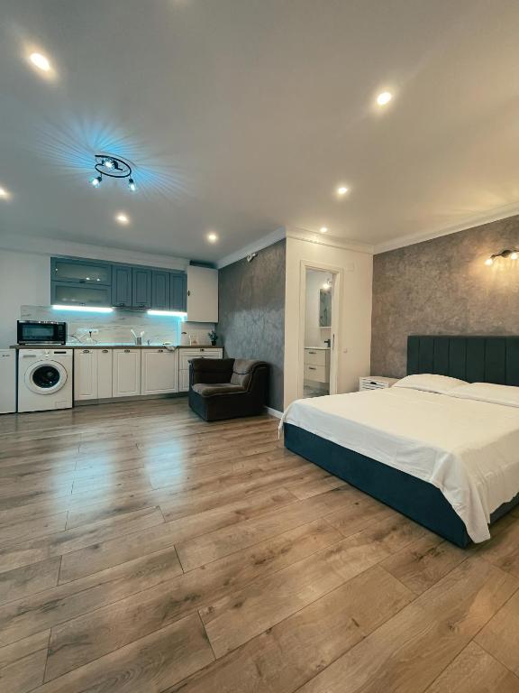 a large bedroom with a bed and a kitchen at Studio Glen in Târgu-Mureş