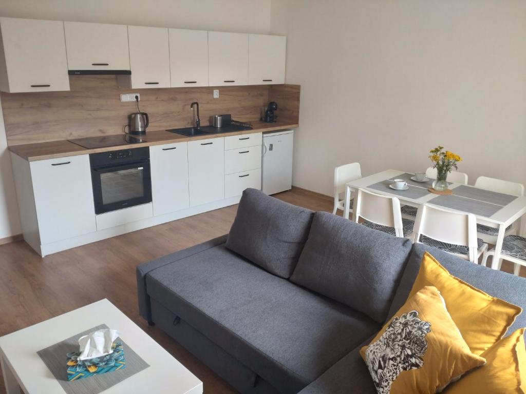 a living room with a couch and a kitchen at Apartmán Karlovice - Jeseníky in Karlovice