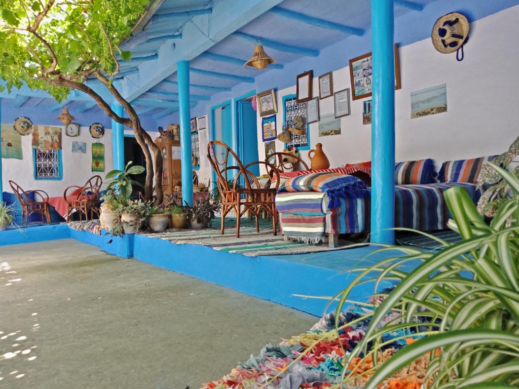 Habitación con paredes azules, sillas y plantas. en Ferme Dar Aicha green Bellouta, 