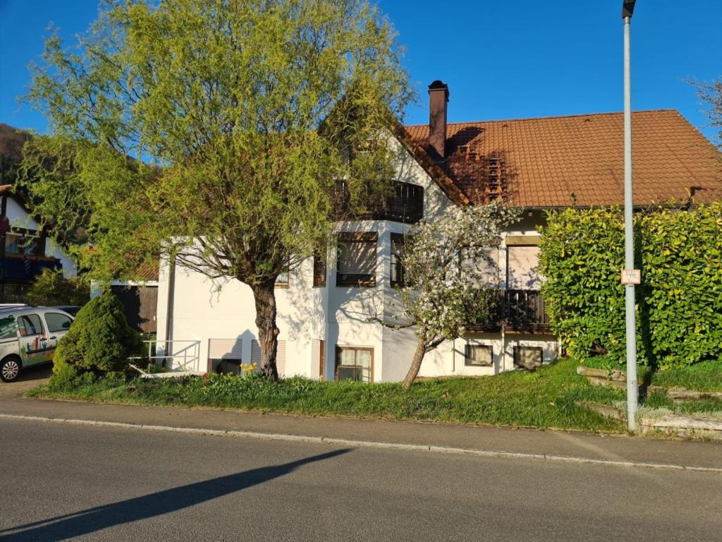 een wit huis met een boom ervoor bij Vela Ferienhaus in Lichtenstein