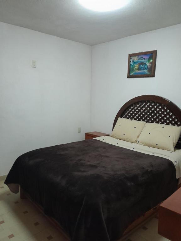 a bedroom with a bed with a black blanket at Hotel Posada Doña Maria Esther in Zacatlán