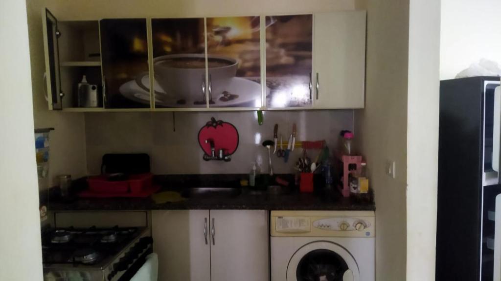 een keuken met een wastafel en een wasmachine bij Grand hills elsahel elshamaly in Alexandrië