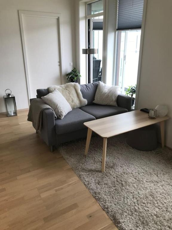 a living room with a couch and a coffee table at 1-bed for 2 pers Central in Lillestrøm in Lillestrøm
