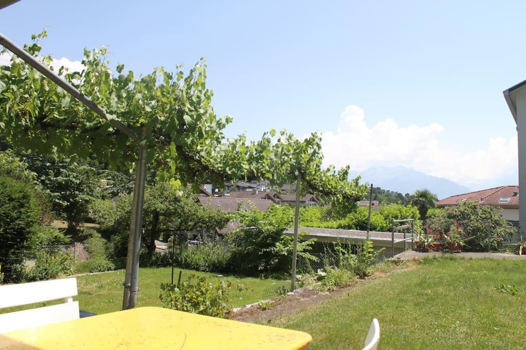 Blick auf einen Garten mit einem Tisch im Gras in der Unterkunft NEB-THUN Studio am Thunersee in Thun